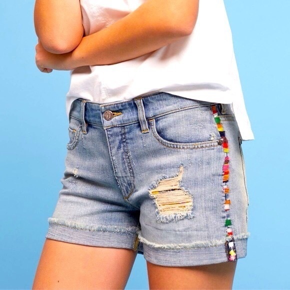 Pilcro Pants - Pilcro Hyphen High-Rise Multicolor Embroidered Distressed Denim Shorts, Size 27